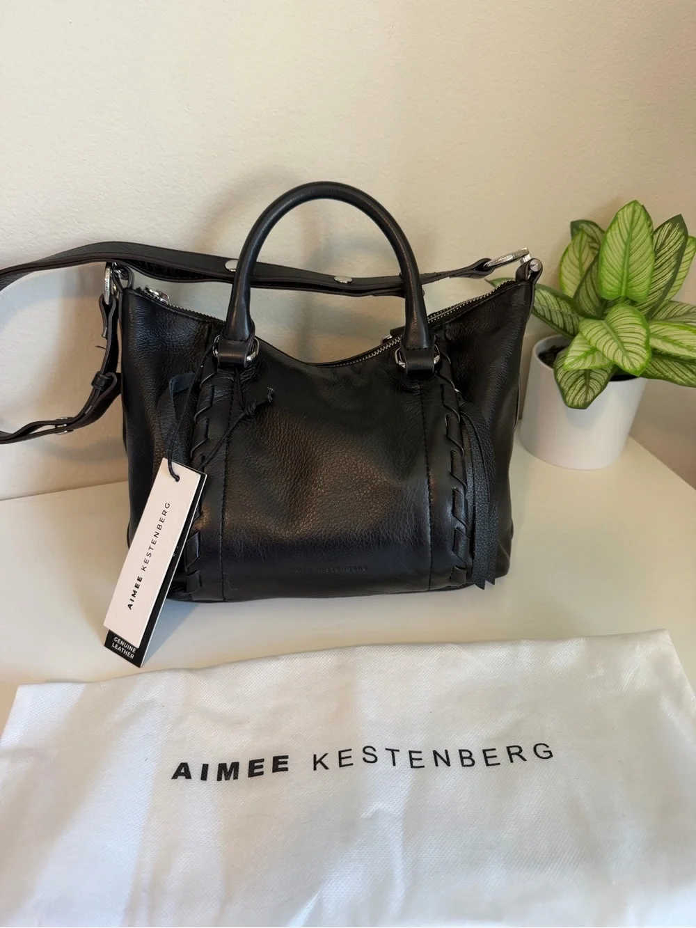 Aimee Kestenberg Black Leather Braided-Trim Satchel with Shoulder Strap